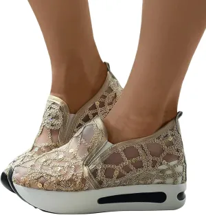 AMDBEL Platform Fashion Sneakers for Women White Gold Sequin Glitter Lace Mesh Air Cushion Chunky Heeled with Hidden High Heels Slip On Loafers Comfort Walking Shoes Arch Support Wedge Sneakers 01