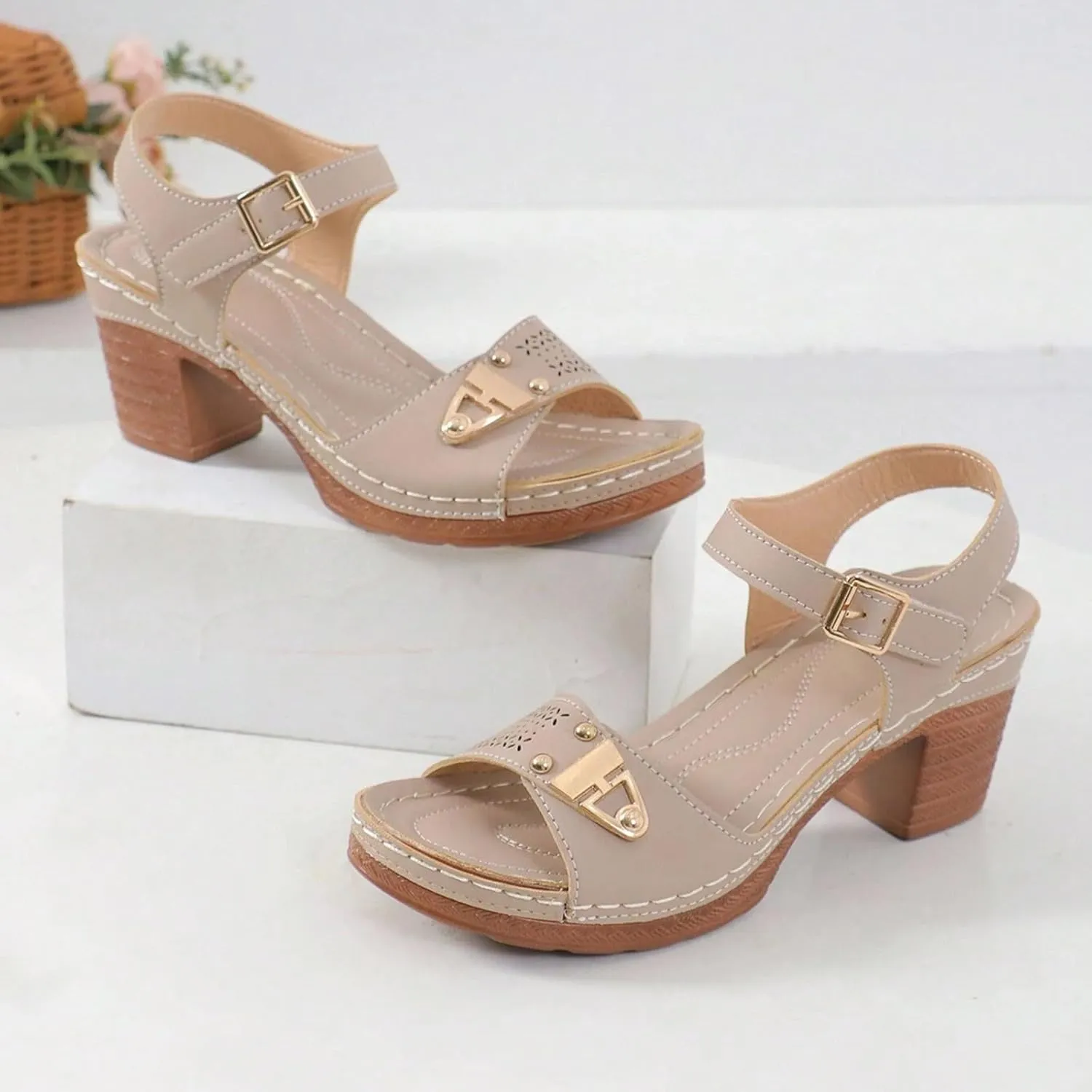Block Sandals for Women Open Peep Toe Comfortable Low Classic Heel Strappy Wide Sandal Summer Breathable Ladies Chunky Classic Heel Dressy Slingback Mules Comfy Shoes for Wedding Party Daily Wear