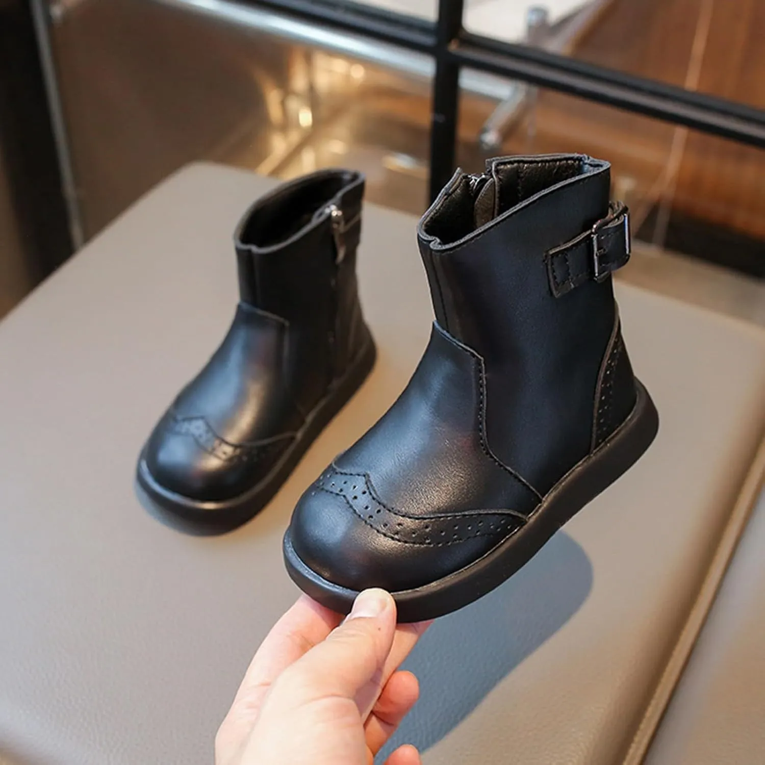 Boys Girls High Top Ankle Boots Waterroof PU Leather Non Slip Buckle Texture Soft Outdoor Hiking Walking Boot