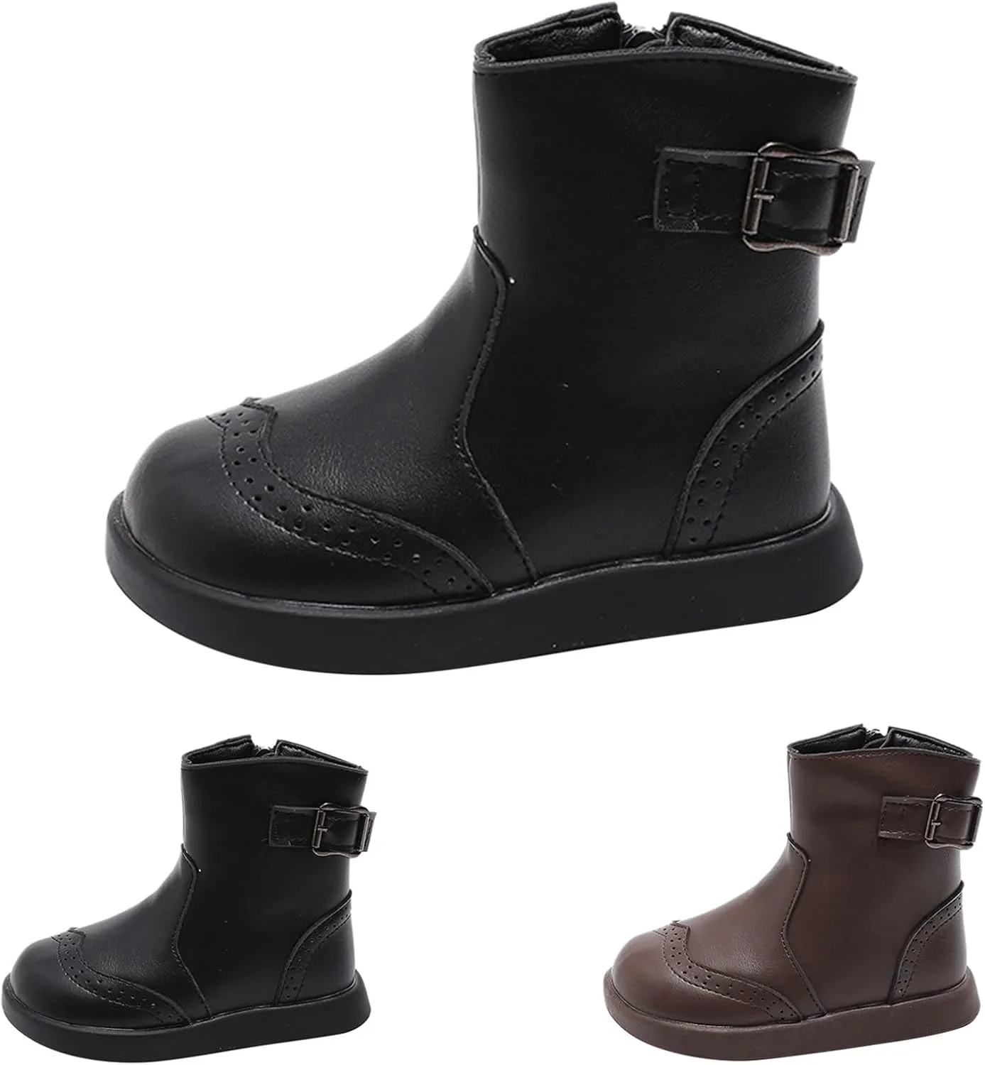 Boys Girls High Top Ankle Boots Waterroof PU Leather Non Slip Buckle Texture Soft Outdoor Hiking Walking Boot