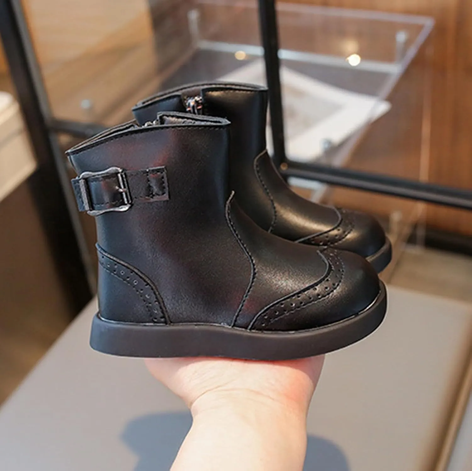 Boys Girls High Top Ankle Boots Waterroof PU Leather Non Slip Buckle Texture Soft Outdoor Hiking Walking Boot