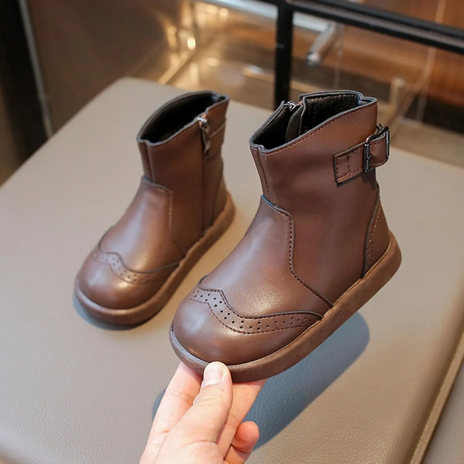 Boys Girls High Top Ankle Boots Waterroof PU Leather Non Slip Buckle Texture Soft Outdoor Hiking Walking Boot