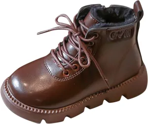 Boys Girls Lace-Up Casual Outdoor Hiking Ankle Boots Water Proof Side Zipper Winter Warm Fleece Toddler Leopard Boots