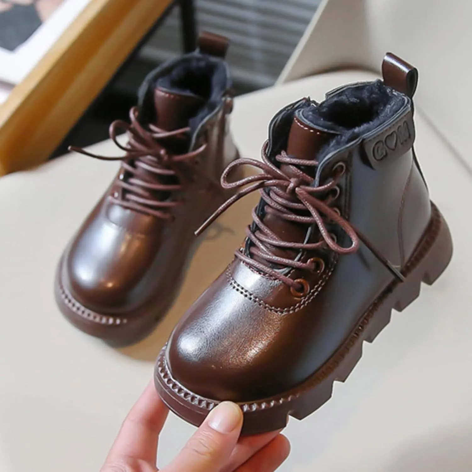 Boys Girls Lace-Up Casual Outdoor Hiking Ankle Boots Water Proof Side Zipper Winter Warm Fleece Toddler Leopard Boots