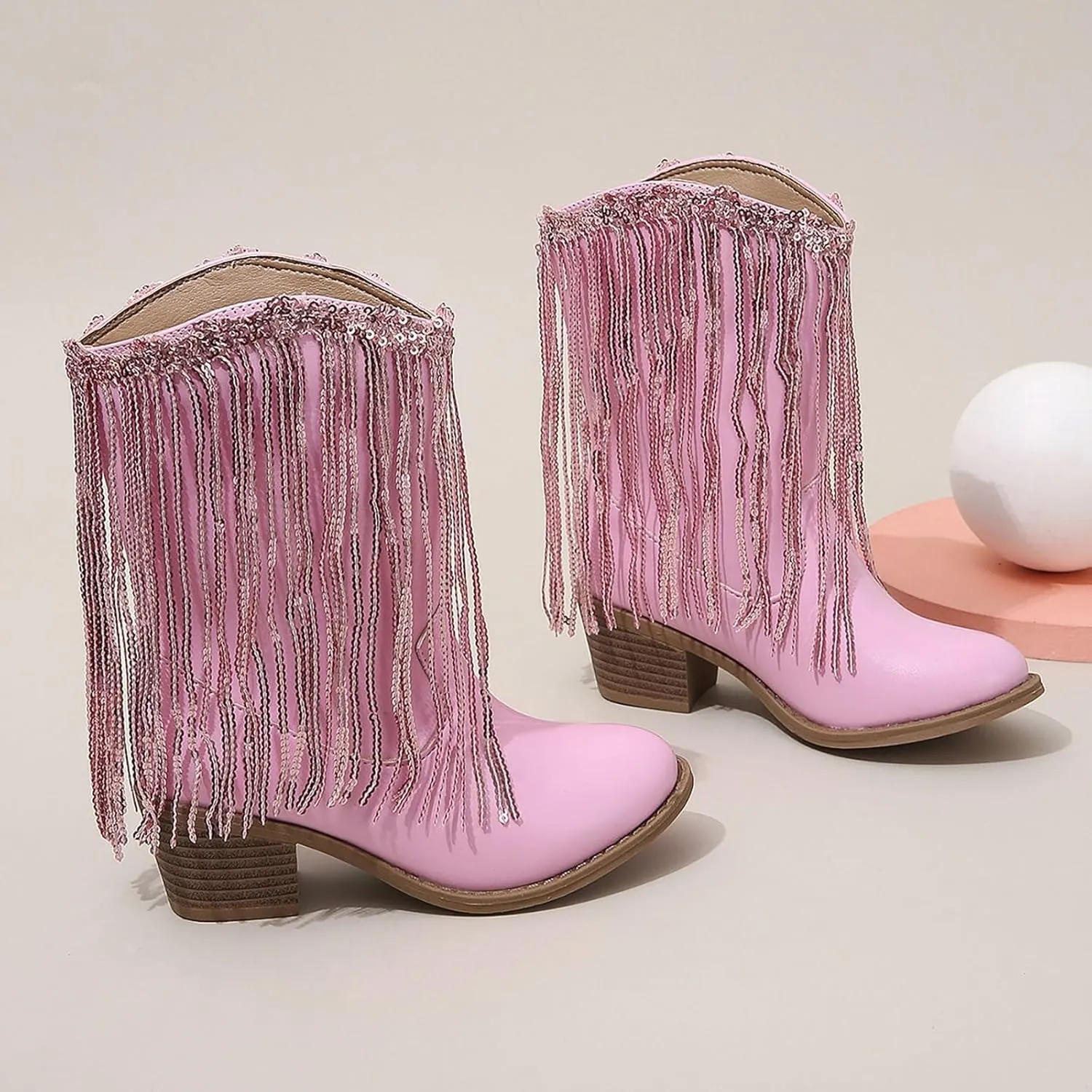 Cowgirl Boots for Girls Western Cowboy Boots Mid Calf Riding Shoes Glitter Fringe Mid Calf Boots with Block Low Heels