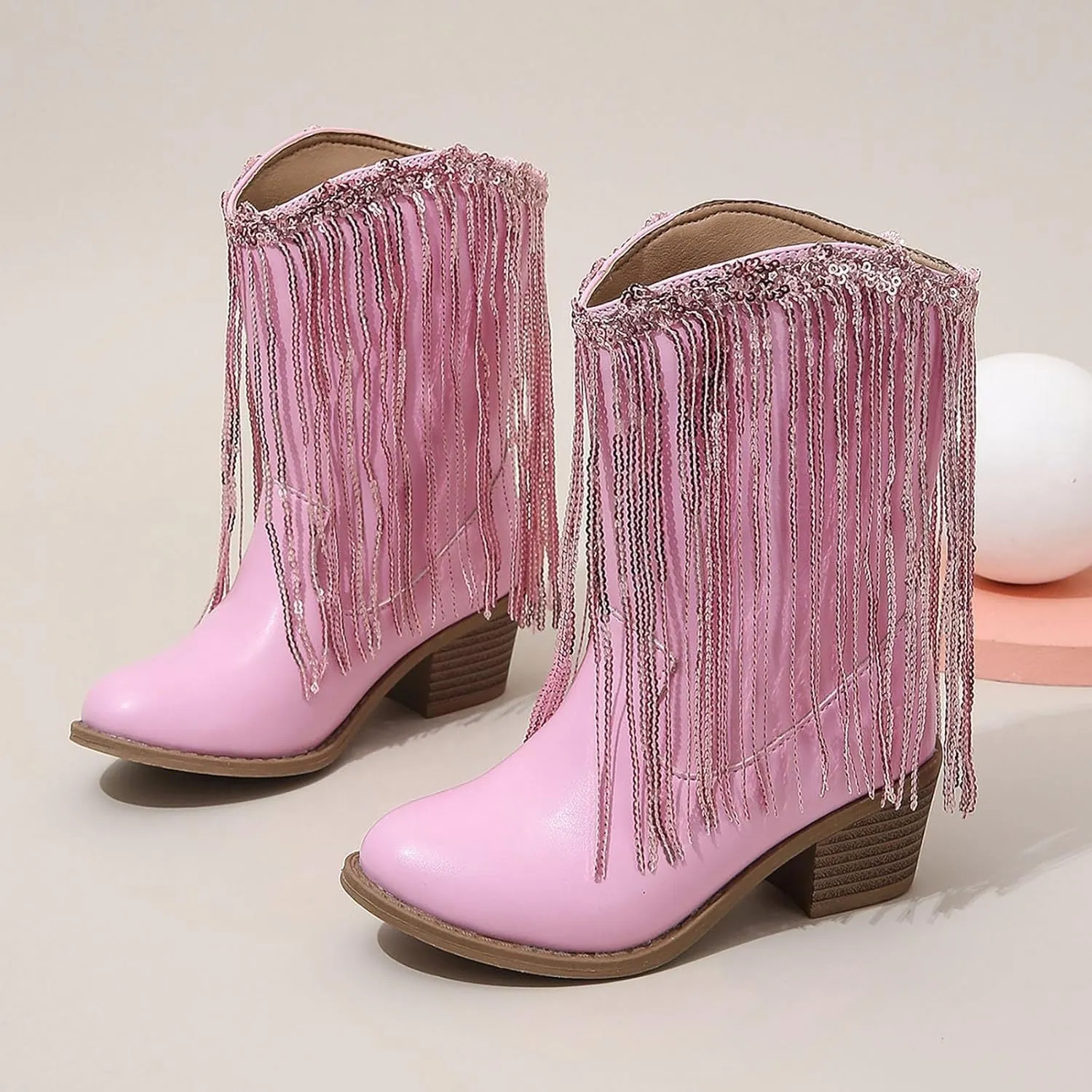 Cowgirl Boots for Girls Western Cowboy Boots Mid Calf Riding Shoes Glitter Fringe Mid Calf Boots with Block Low Heels