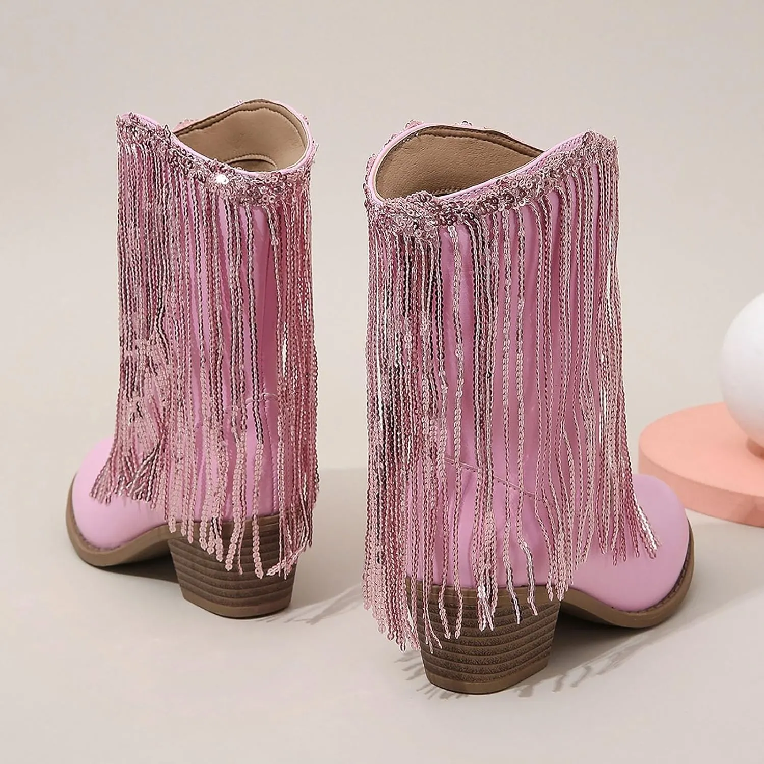 Cowgirl Boots for Girls Western Cowboy Boots Mid Calf Riding Shoes Glitter Fringe Mid Calf Boots with Block Low Heels