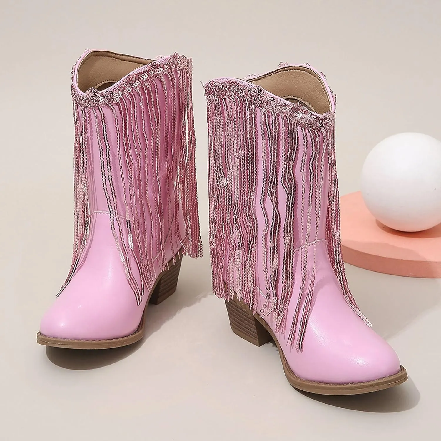 Cowgirl Boots for Girls Western Cowboy Boots Mid Calf Riding Shoes Glitter Fringe Mid Calf Boots with Block Low Heels