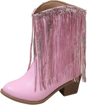 Cowgirl Boots for Girls Western Cowboy Boots Mid Calf Riding Shoes Glitter Fringe Mid Calf Boots with Block Low Heels