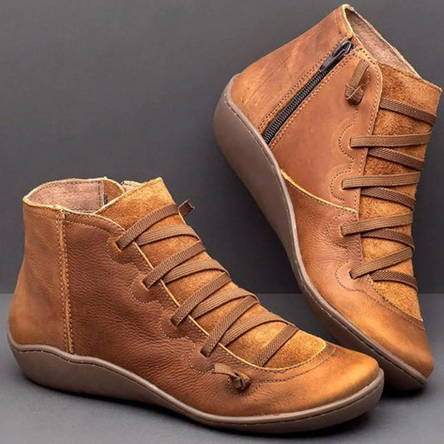 Ctreela Arch Supports Shoes Outdoor Hiking Lace up Ankle Boots Comfort Flat Heel Walking Booties Orthopedic Shoes for Women