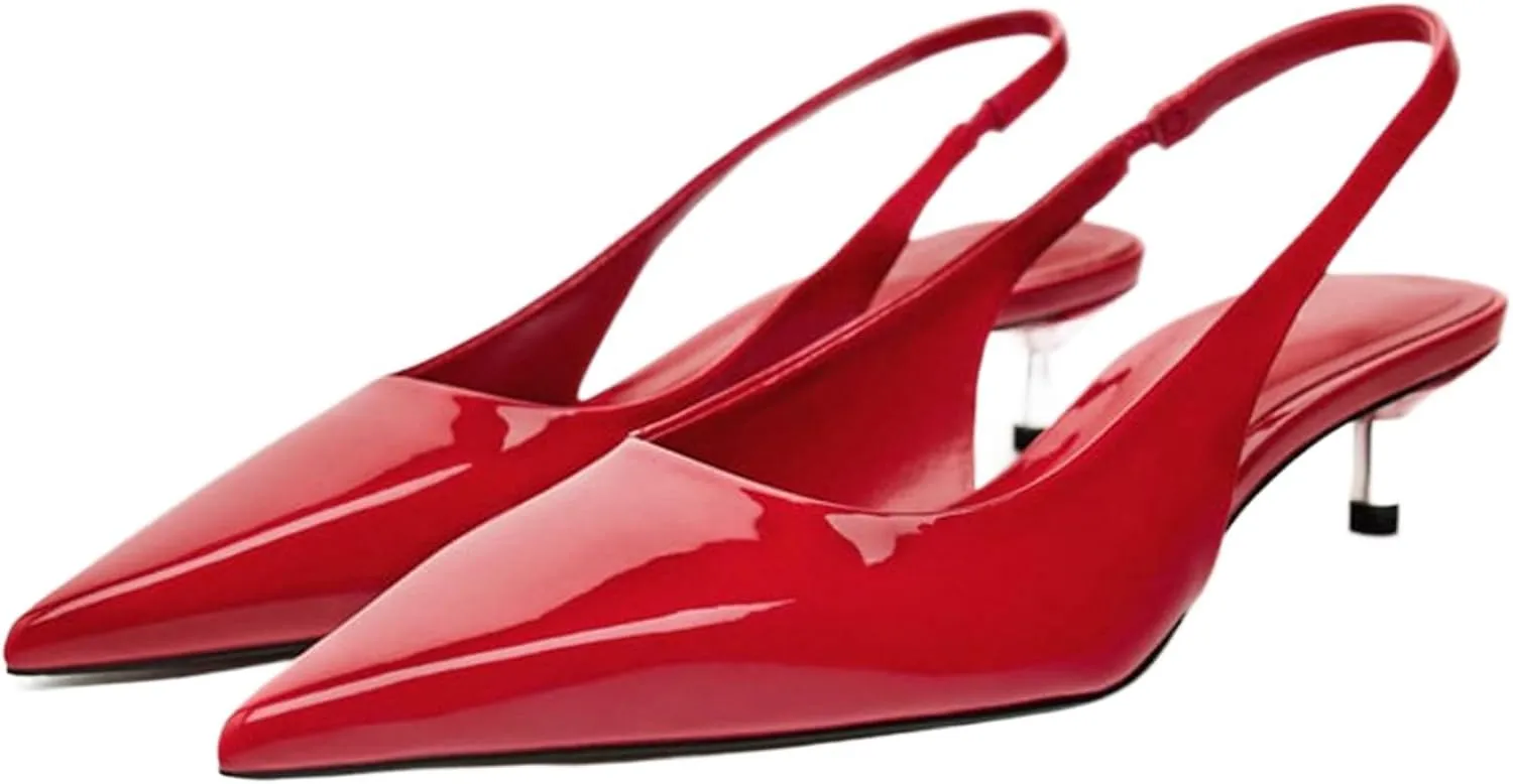 DREAMCIA Slingback Kitten Heels for Women Pointed Toe Pumps Metallic Slingback Heels
