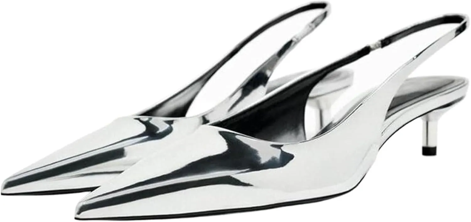 DREAMCIA Slingback Kitten Heels for Women Pointed Toe Pumps Metallic Slingback Heels