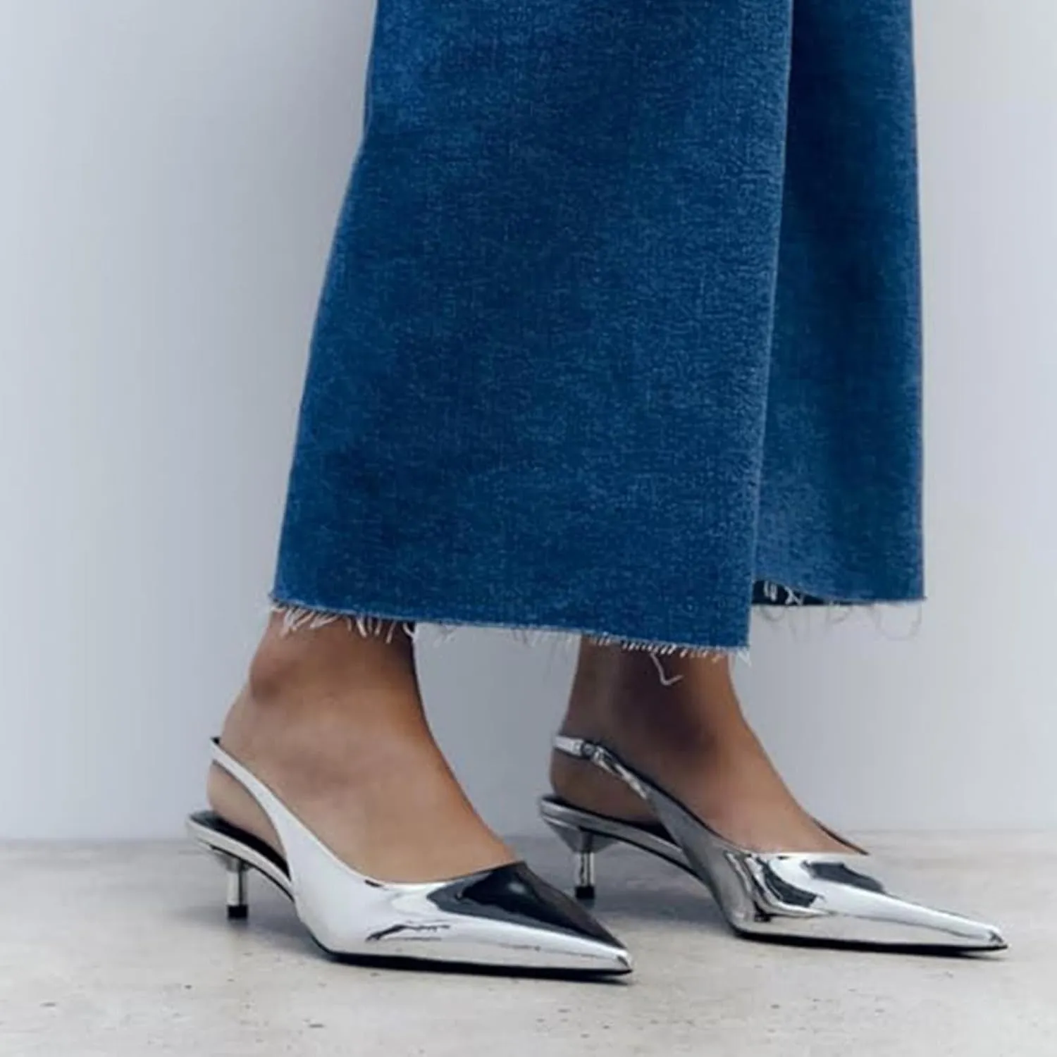 DREAMCIA Slingback Kitten Heels for Women Pointed Toe Pumps Metallic Slingback Heels