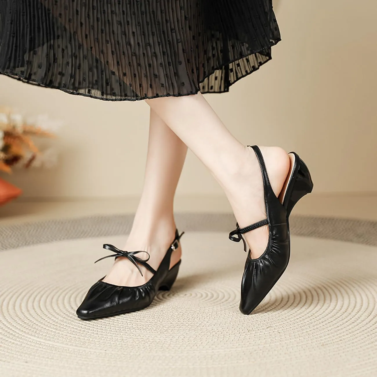Elegant Womens Chunky Heel Bow Slingback Pumps