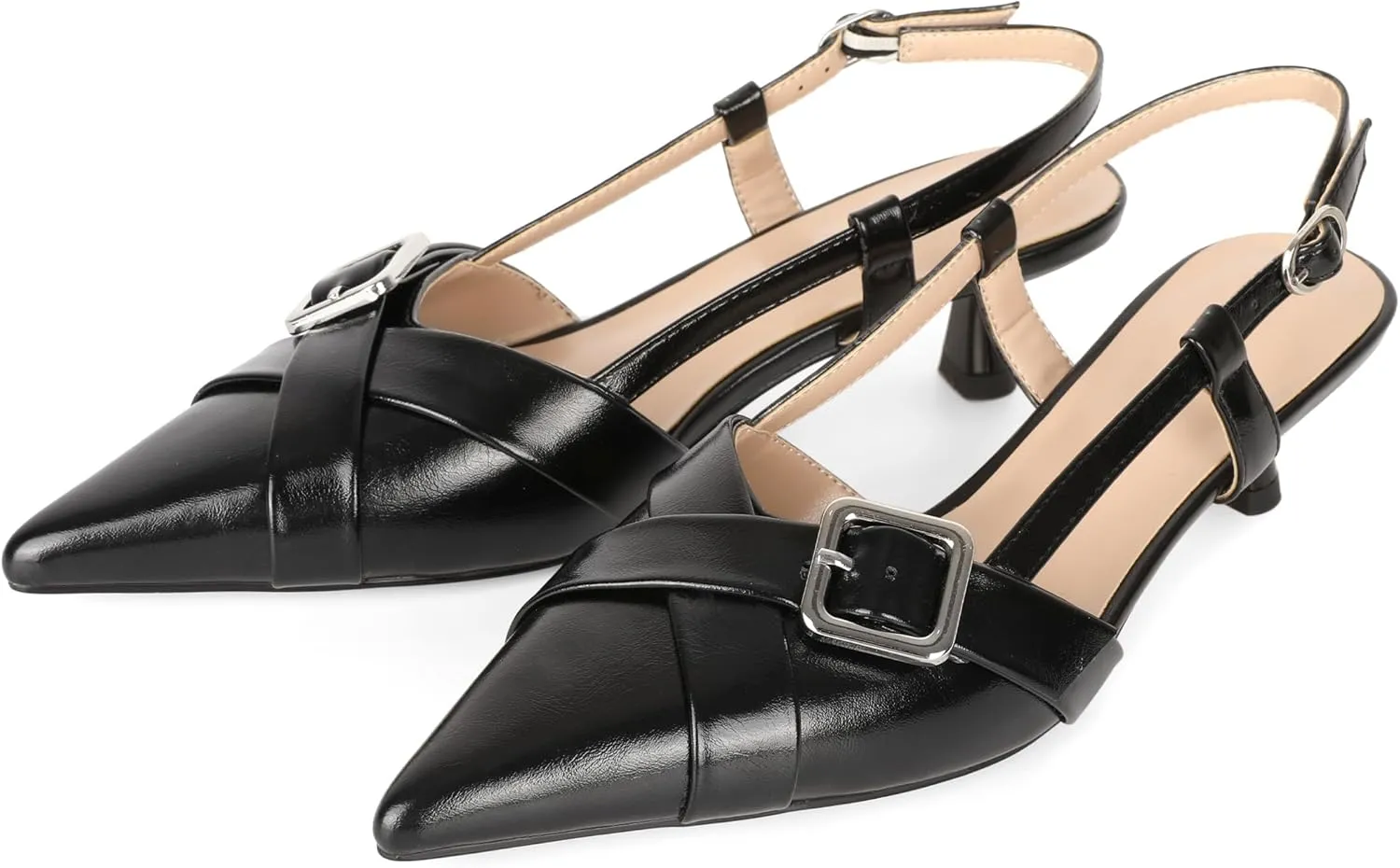 Esvowido Women Slingback Kitten Heels Pointed Toe Low Heel Pumps Adjustable Buckle Straps for Work Party Casual Outfit