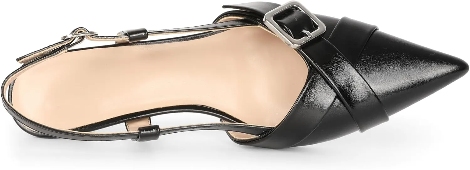 Esvowido Women Slingback Kitten Heels Pointed Toe Low Heel Pumps Adjustable Buckle Straps for Work Party Casual Outfit