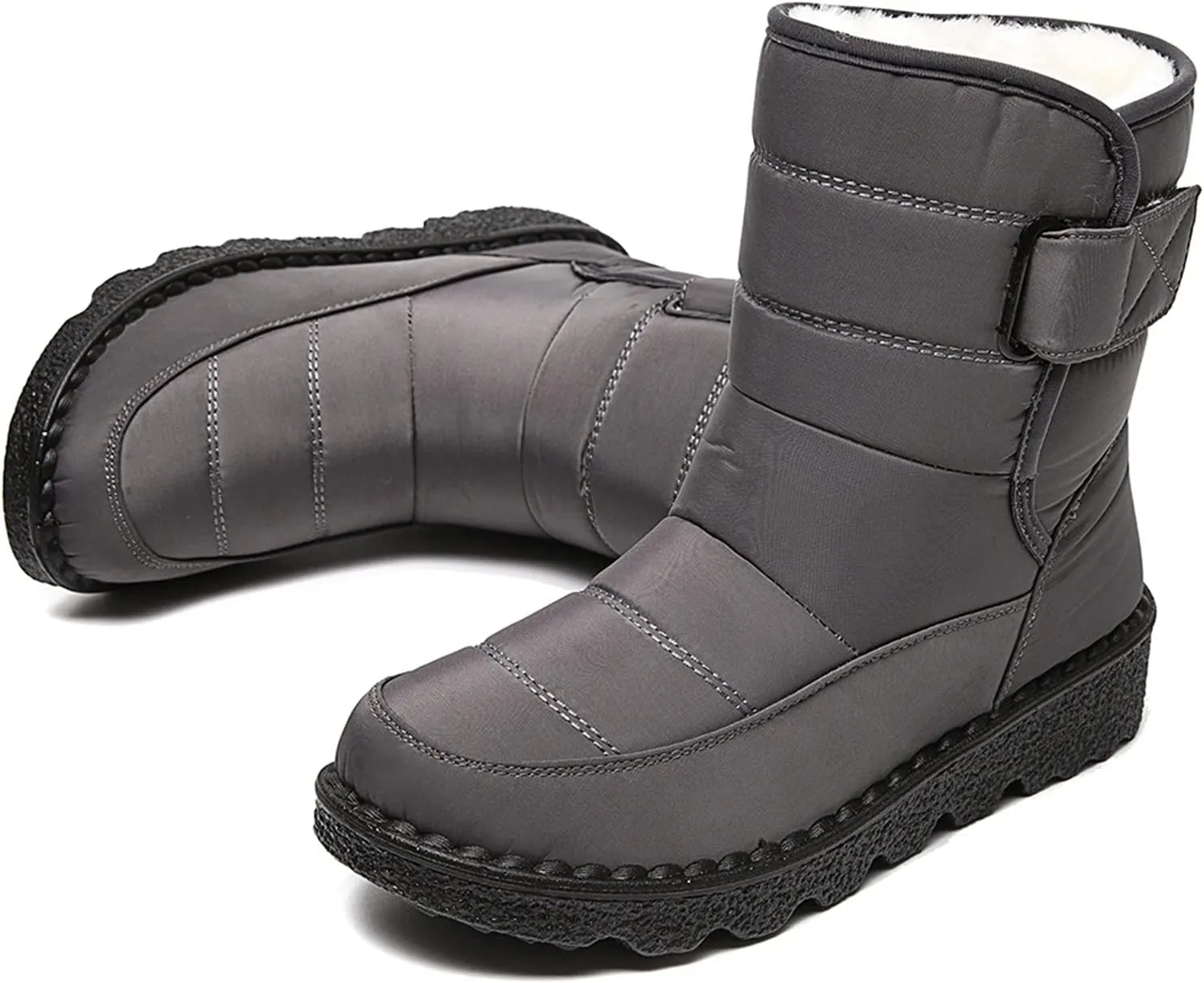 Fleece Lined Thick Mid-Calf Snow Boot for Women Outdoor Hiking Waterproof Cotton Chunky Heel Flat Boot with Buckle