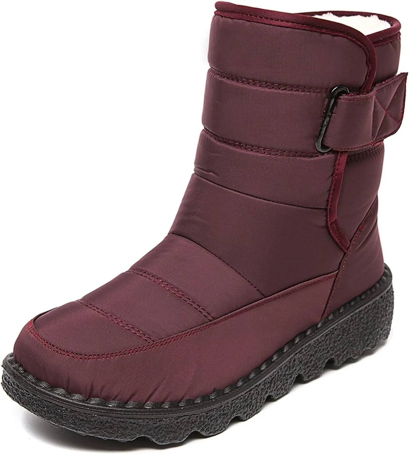 Fleece Lined Thick Mid-Calf Snow Boot for Women Outdoor Hiking Waterproof Cotton Chunky Heel Flat Boot with Buckle