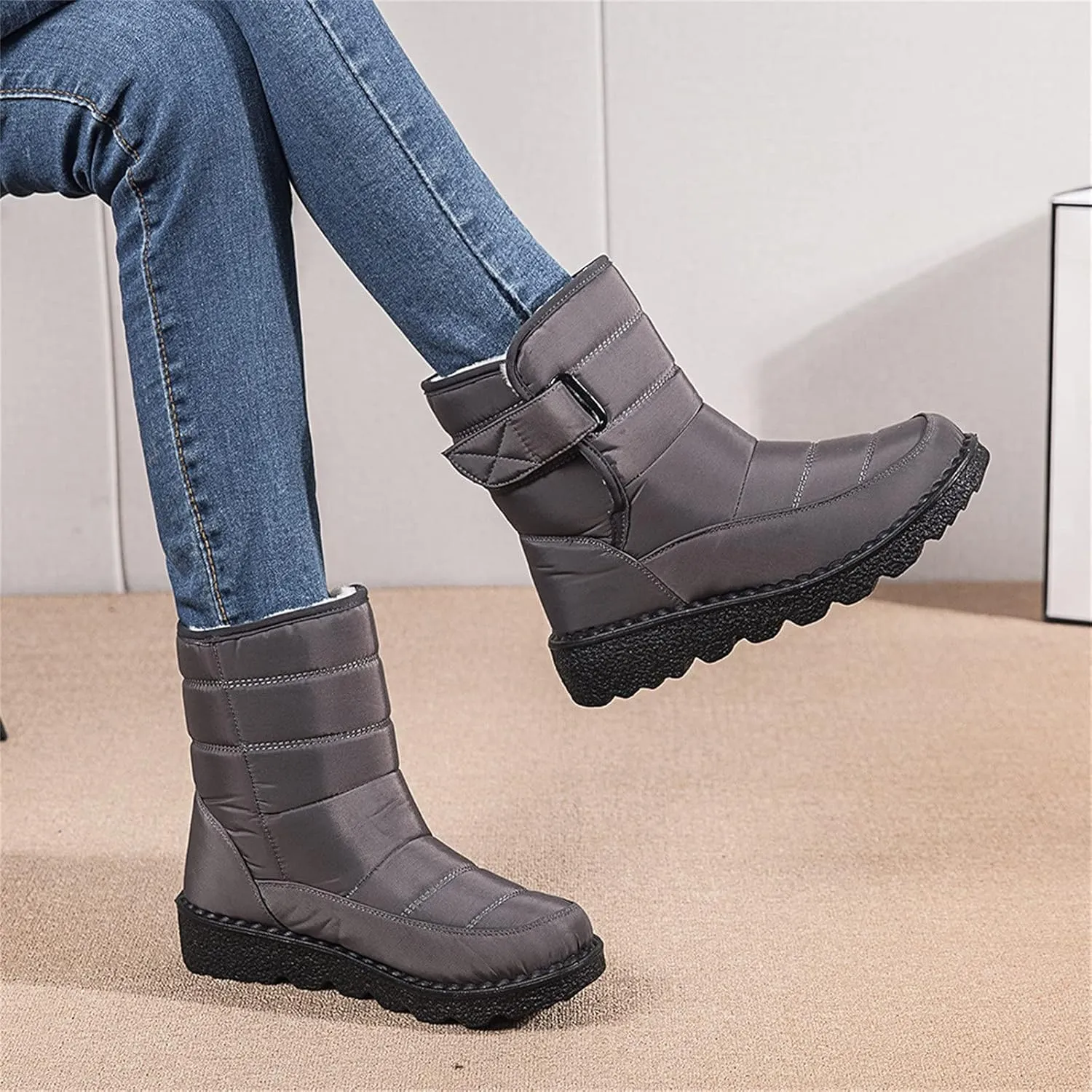 Fleece Lined Thick Mid-Calf Snow Boot for Women Outdoor Hiking Waterproof Cotton Chunky Heel Flat Boot with Buckle
