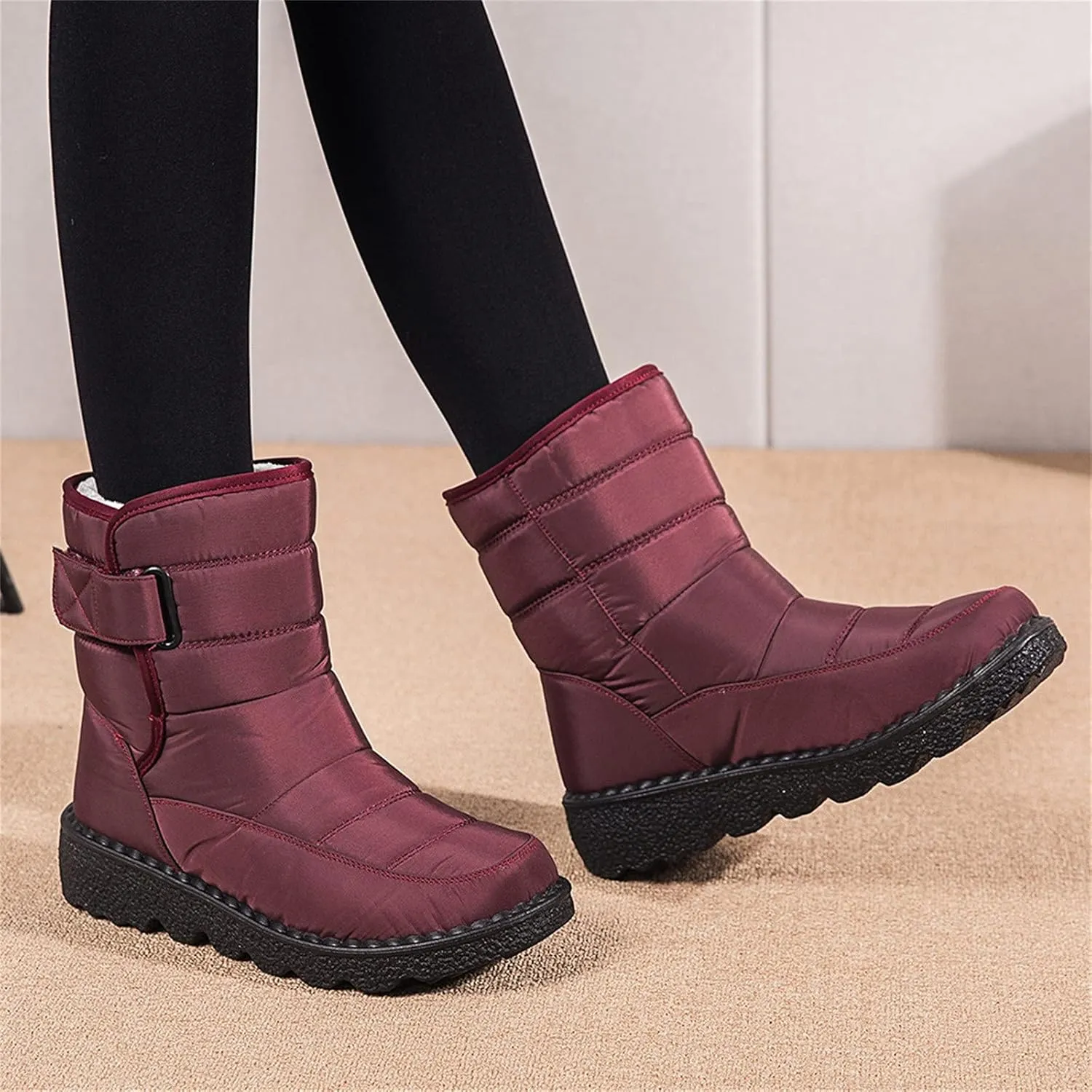 Fleece Lined Thick Mid-Calf Snow Boot for Women Outdoor Hiking Waterproof Cotton Chunky Heel Flat Boot with Buckle