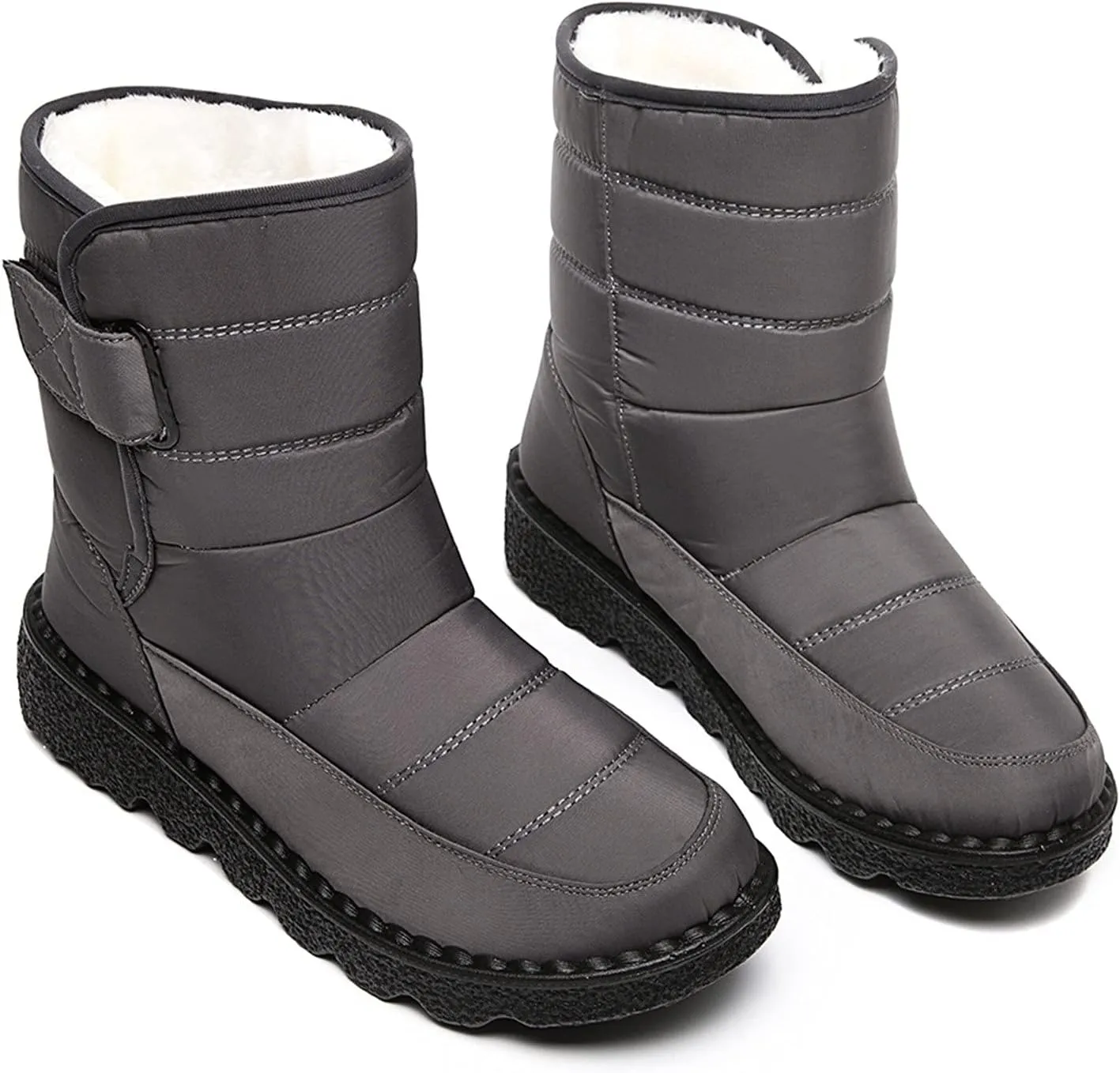 Fleece Lined Thick Mid-Calf Snow Boot for Women Outdoor Hiking Waterproof Cotton Chunky Heel Flat Boot with Buckle