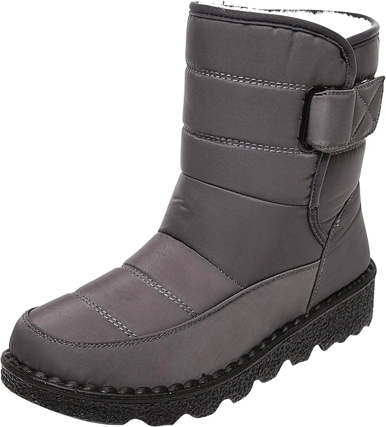 Fleece Lined Thick Mid-Calf Snow Boot for Women Outdoor Hiking Waterproof Cotton Chunky Heel Flat Boot with Buckle