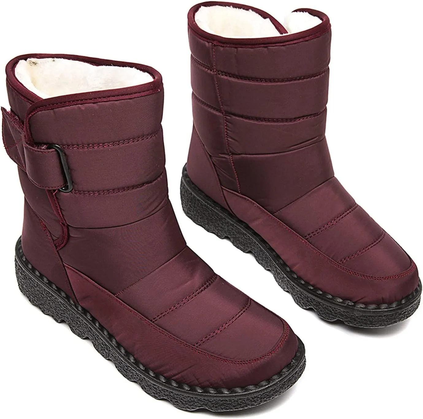 Fleece Lined Thick Mid-Calf Snow Boot for Women Outdoor Hiking Waterproof Cotton Chunky Heel Flat Boot with Buckle