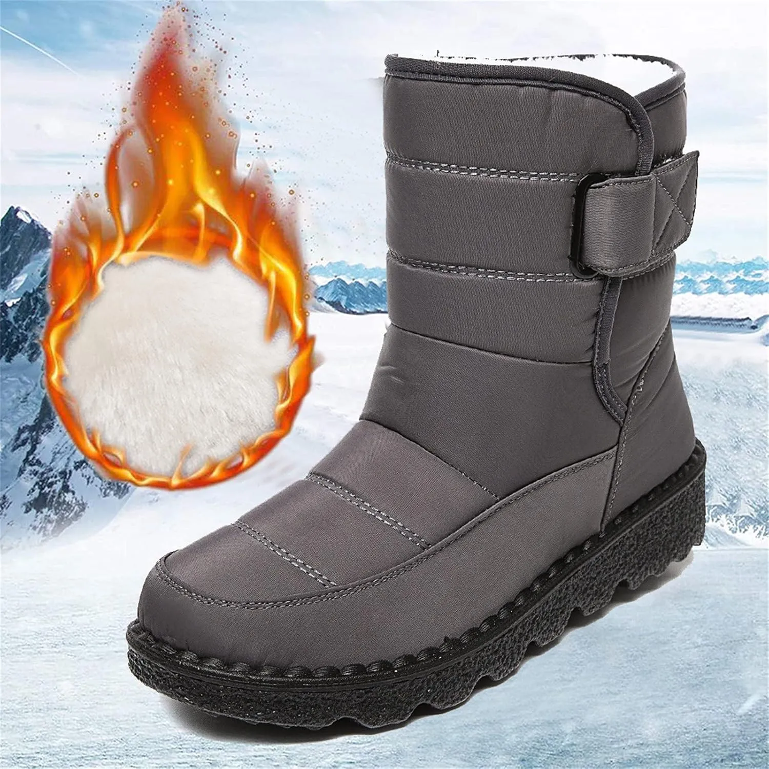 Fleece Lined Thick Mid-Calf Snow Boot for Women Outdoor Hiking Waterproof Cotton Chunky Heel Flat Boot with Buckle