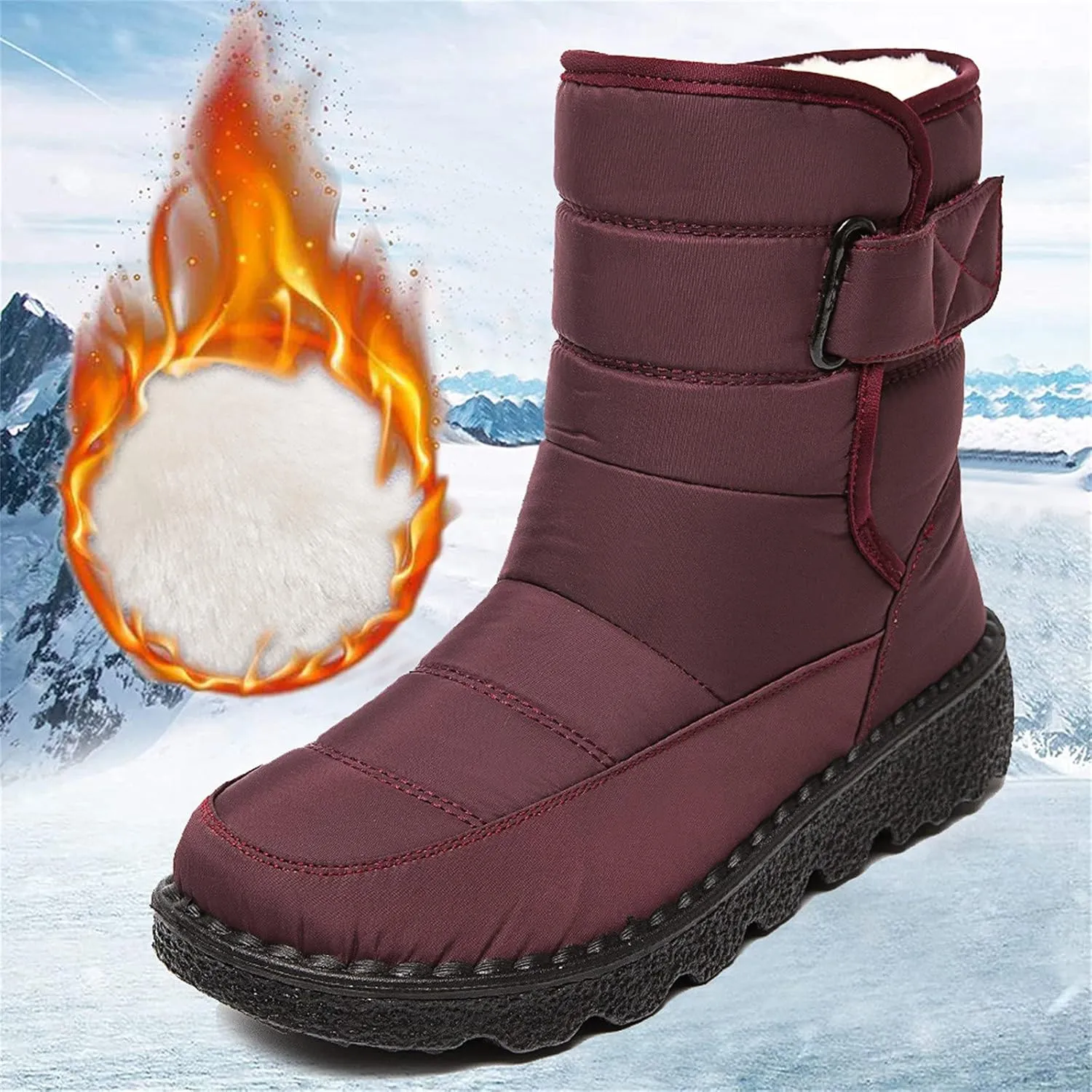 Fleece Lined Thick Mid-Calf Snow Boot for Women Outdoor Hiking Waterproof Cotton Chunky Heel Flat Boot with Buckle