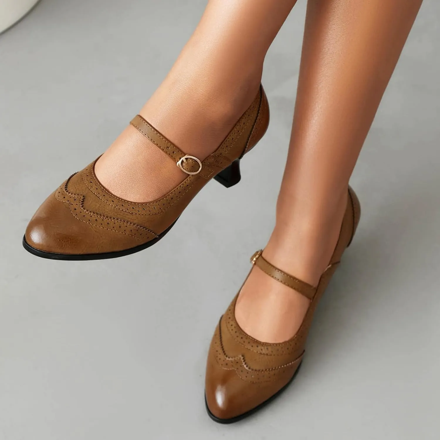 Gicoiz Low Kitten Heels Mary Jane Womens Classic Brogue Shoes