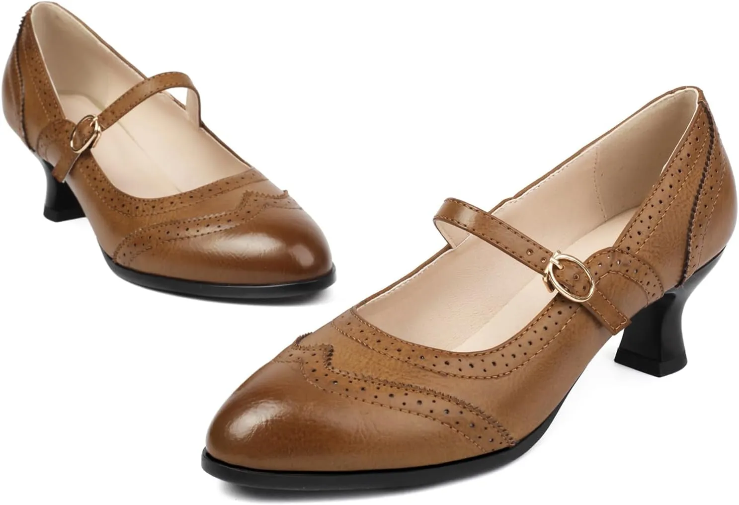 Gicoiz Low Kitten Heels Mary Jane Womens Classic Brogue Shoes