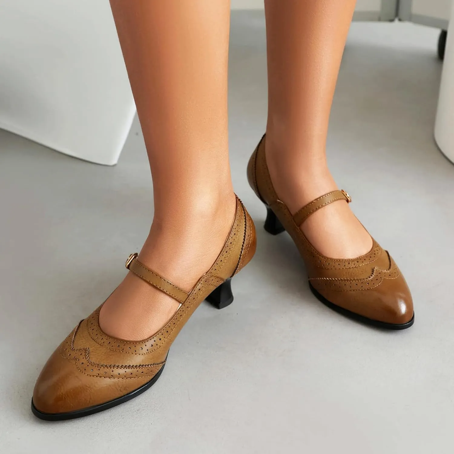 Gicoiz Low Kitten Heels Mary Jane Womens Classic Brogue Shoes