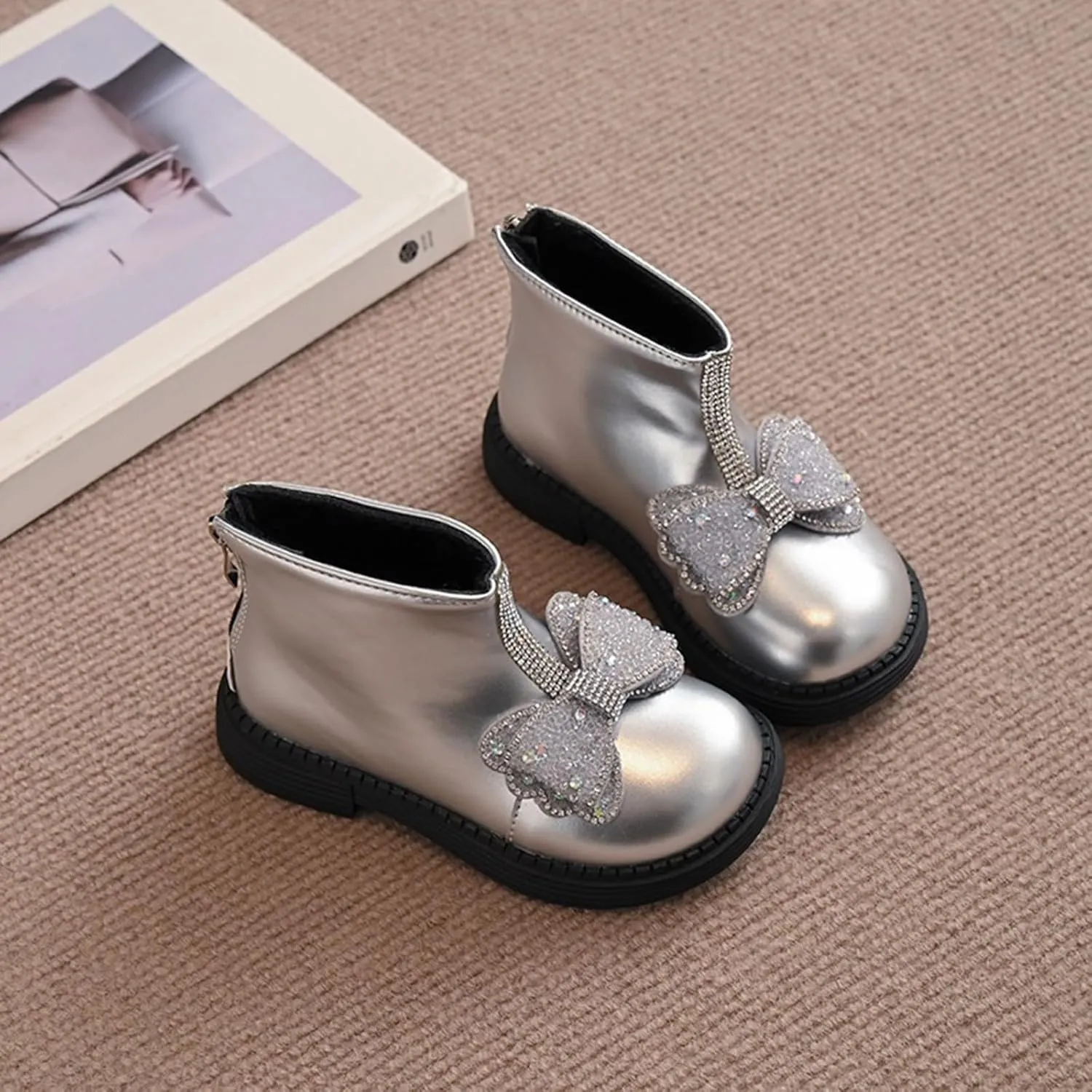 Girls Ankle Boots Girls Spring Autumn Winter Princess Versatile Bow Plus Velvet Warm Back Zipper Outdoor Hiking Shoes
