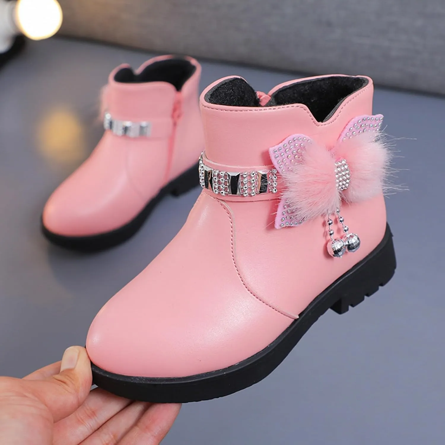 Girls Ankle Boots Kids Ankle Booties Comfortable Slip on Lug Sole Short Booties Side Zipper Bowknot Ankle Boots