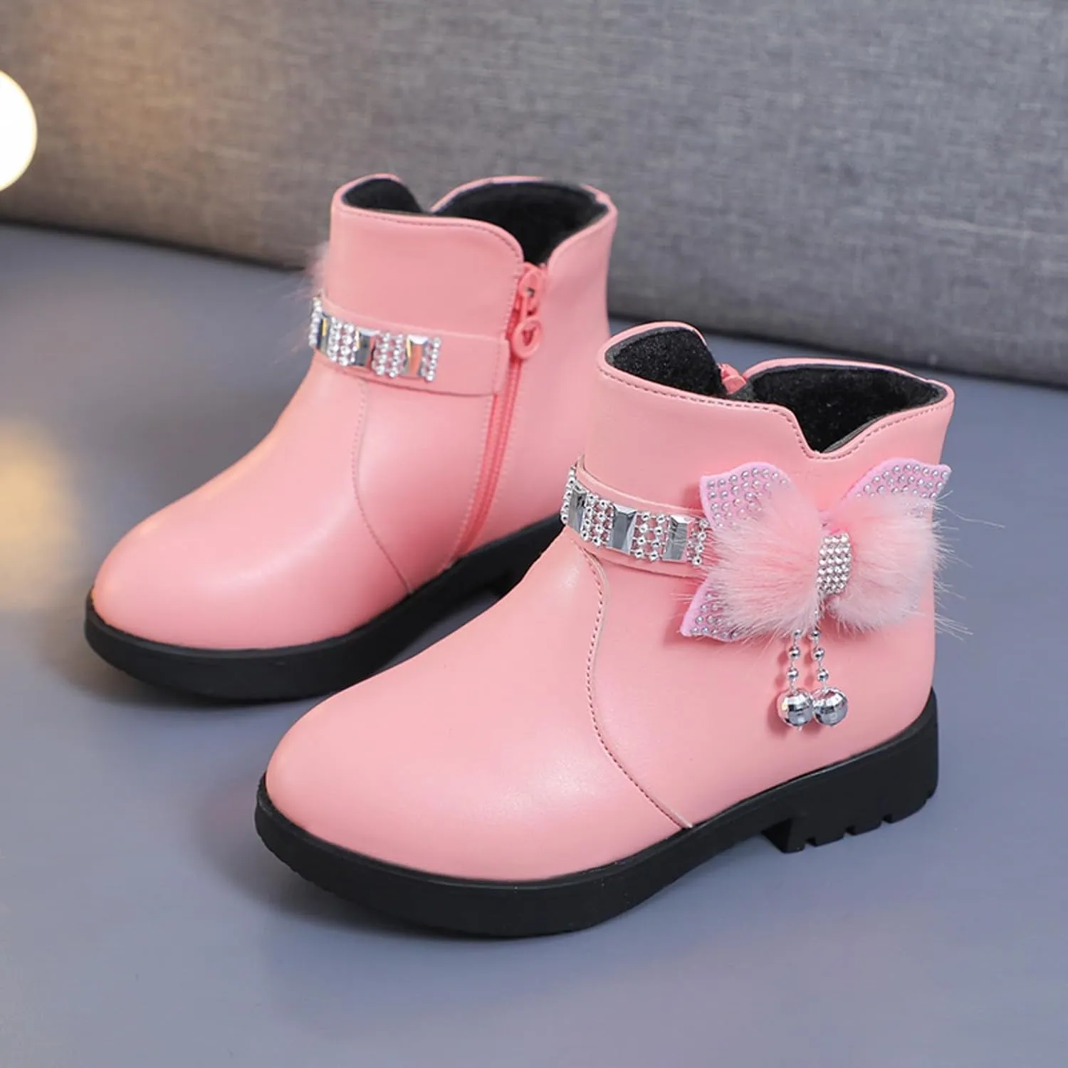 Girls Ankle Boots Kids Ankle Booties Comfortable Slip on Lug Sole Short Booties Side Zipper Bowknot Ankle Boots