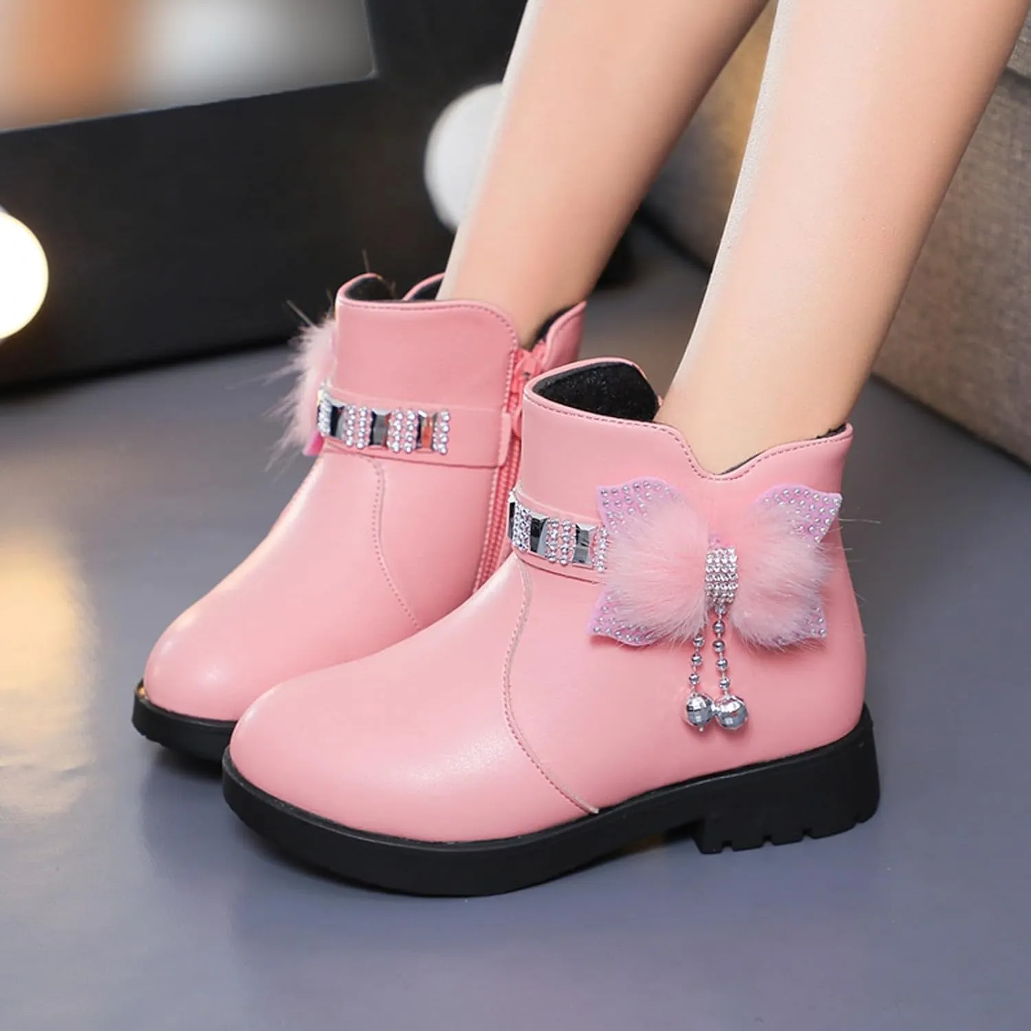 Girls Ankle Boots Kids Ankle Booties Comfortable Slip on Lug Sole Short Booties Side Zipper Bowknot Ankle Boots