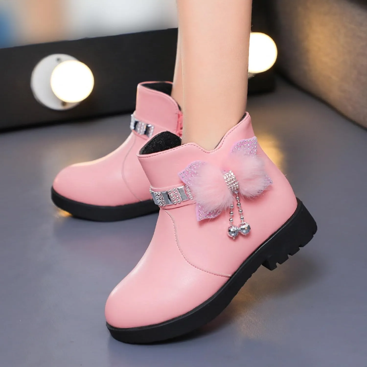 Girls Ankle Boots Kids Ankle Booties Comfortable Slip on Lug Sole Short Booties Side Zipper Bowknot Ankle Boots