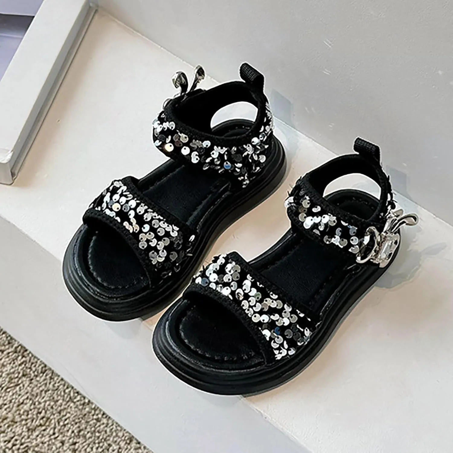 Girls Summer Soft Bottom Non Slip Sports Sequins Sandals Kids Beach Adjustable Color Platform Casual Shoes