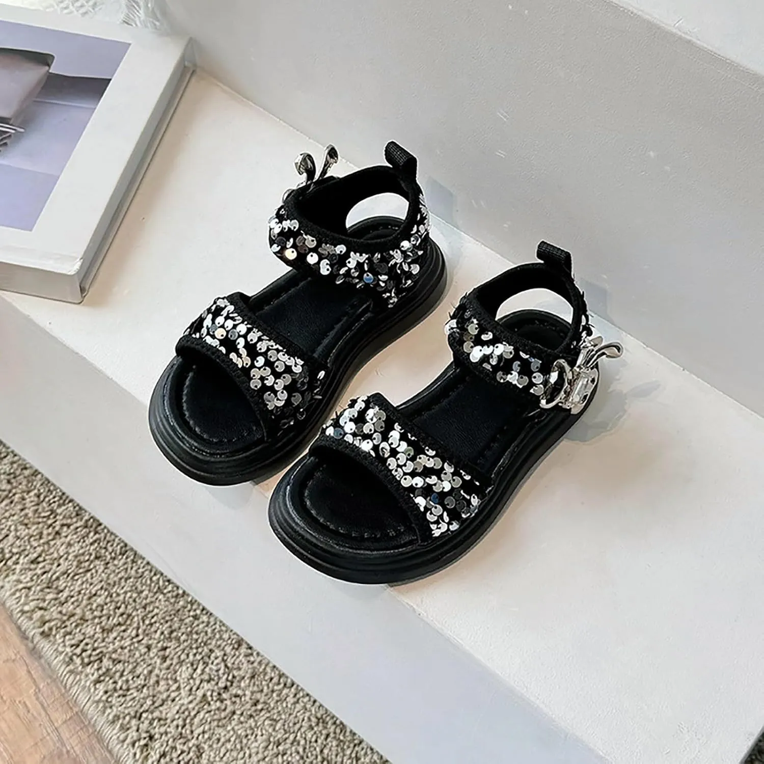 Girls Summer Soft Bottom Non Slip Sports Sequins Sandals Kids Beach Adjustable Color Platform Casual Shoes