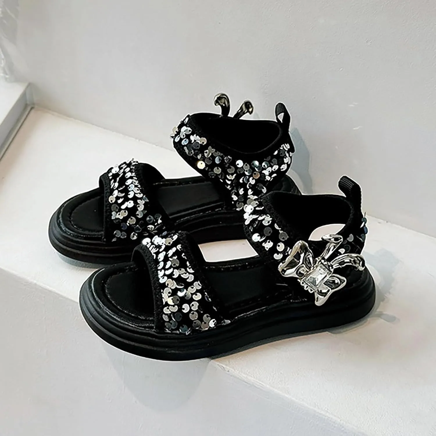 Girls Summer Soft Bottom Non Slip Sports Sequins Sandals Kids Beach Adjustable Color Platform Casual Shoes
