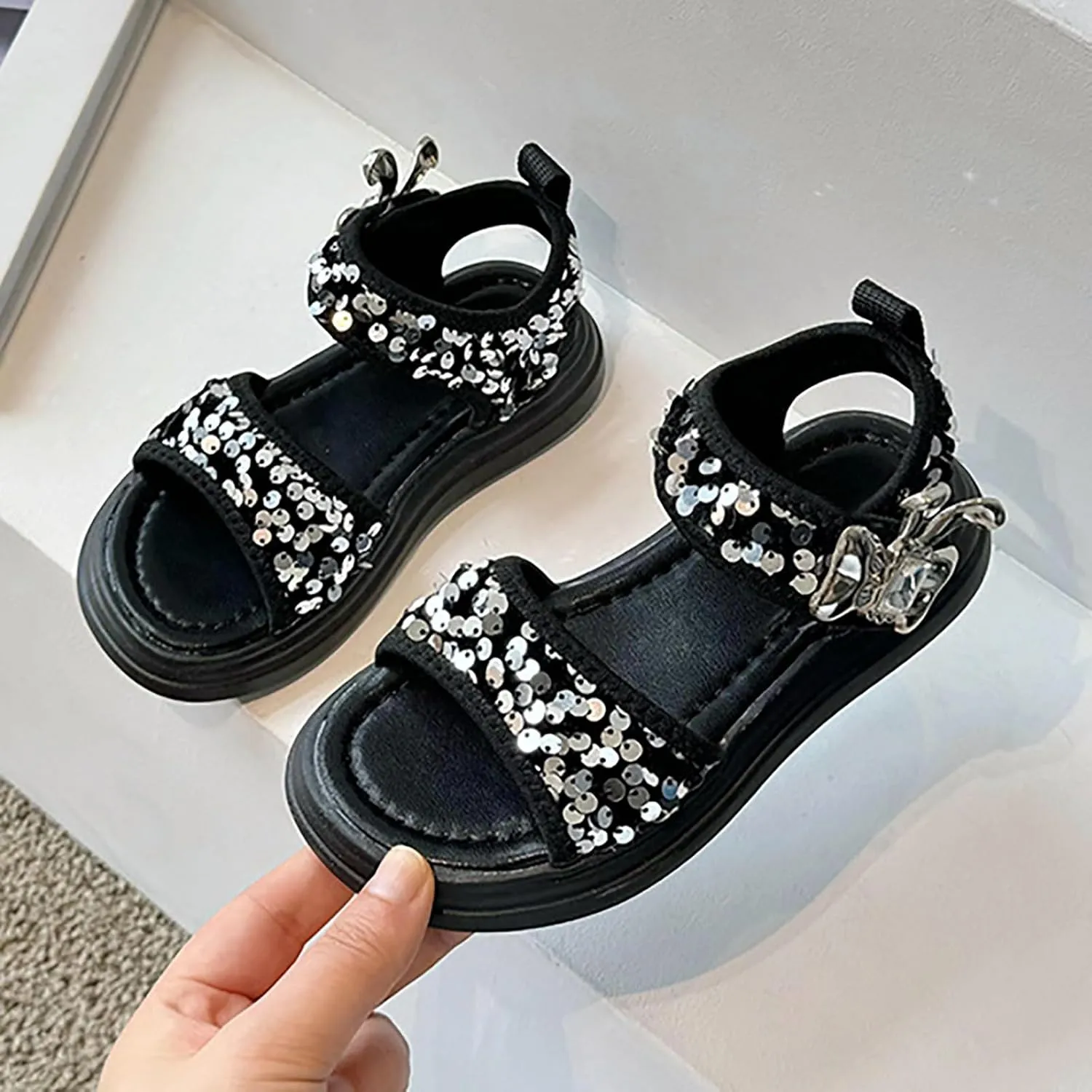 Girls Summer Soft Bottom Non Slip Sports Sequins Sandals Kids Beach Adjustable Color Platform Casual Shoes