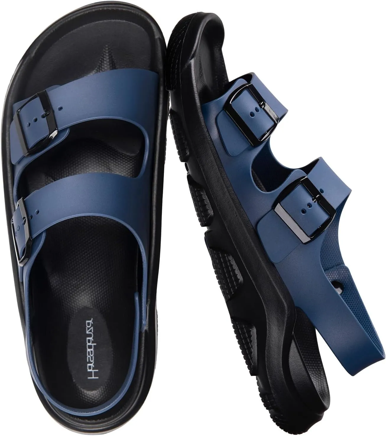 Harssidanzar Summer Mens Sandals Double Buckle Adjustable Slides Flat Beach Sandals KM242US