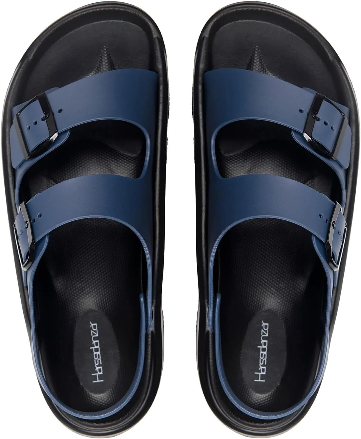 Harssidanzar Summer Mens Sandals Double Buckle Adjustable Slides Flat Beach Sandals KM242US