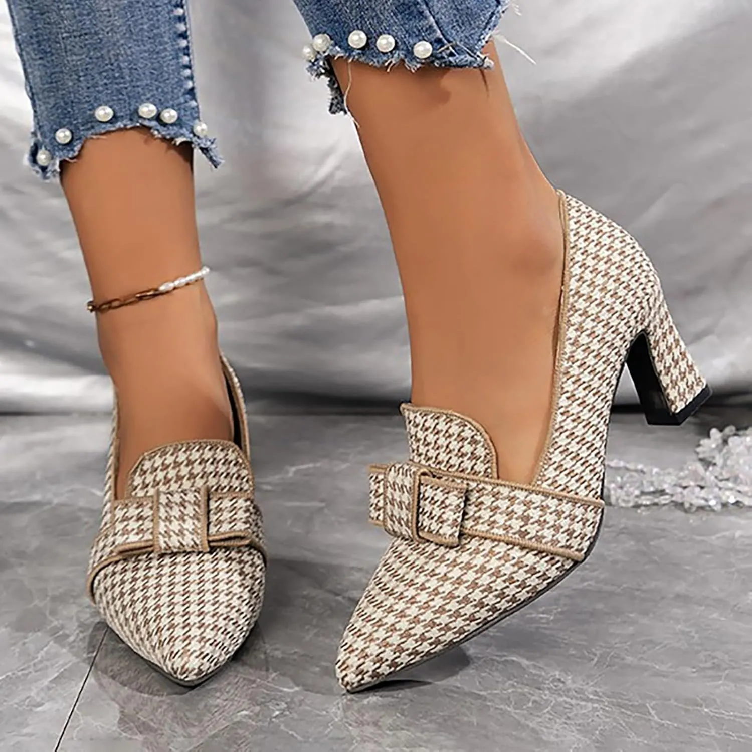 Heeled Loafers for Women Retro Chunky Block Pumps Elegant Business Shoes Pointed Toe Loafers Slip-On Work Pumps