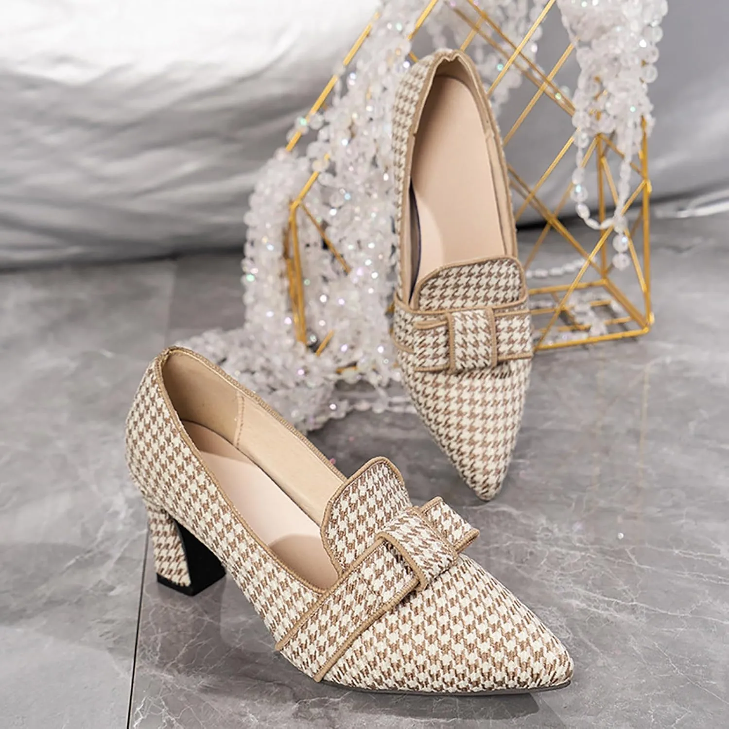 Heeled Loafers for Women Retro Chunky Block Pumps Elegant Business Shoes Pointed Toe Loafers Slip-On Work Pumps