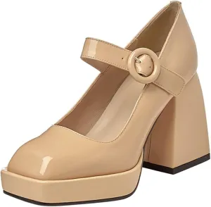 High Heels Women's Waterproof Platform Heels Classic Patent Leather Style with Buckle for Comfort and Style