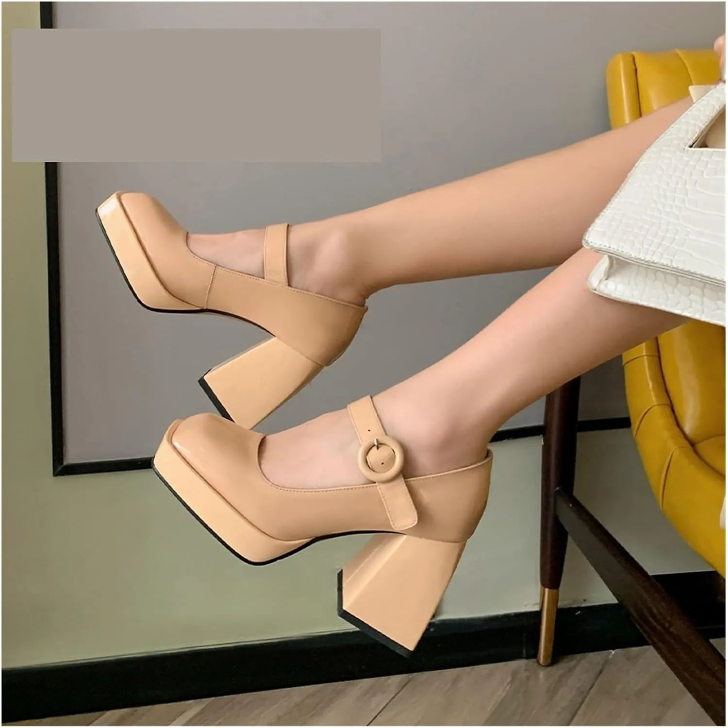 High Heels Women's Waterproof Platform Heels Classic Patent Leather Style with Buckle for Comfort and Style