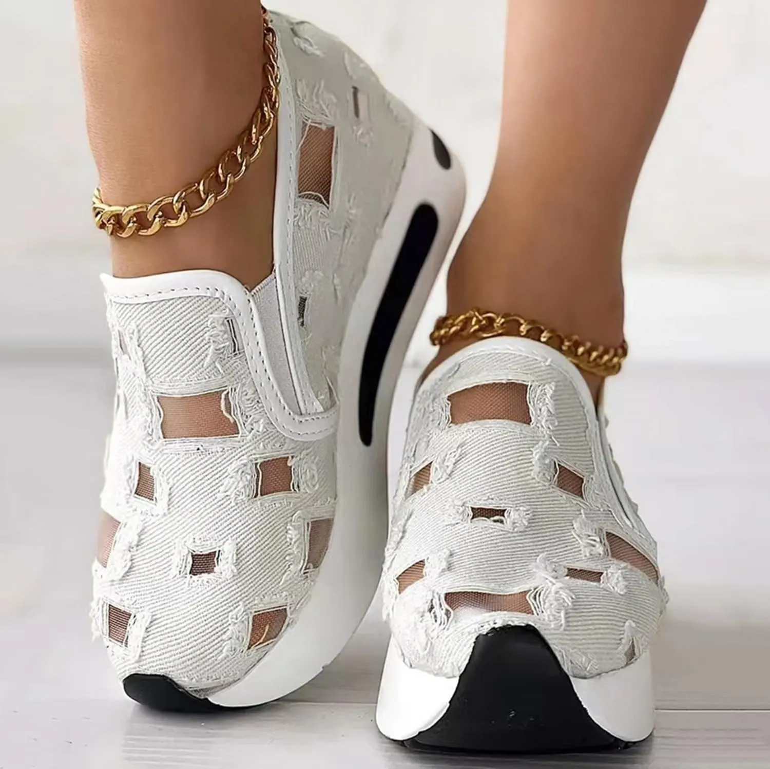 JITUUE Womens Breathable Platform Canvas Shoes Hollow Mesh Closed Toe Comfortable Walking Sports Shoes Summer Style Sandals