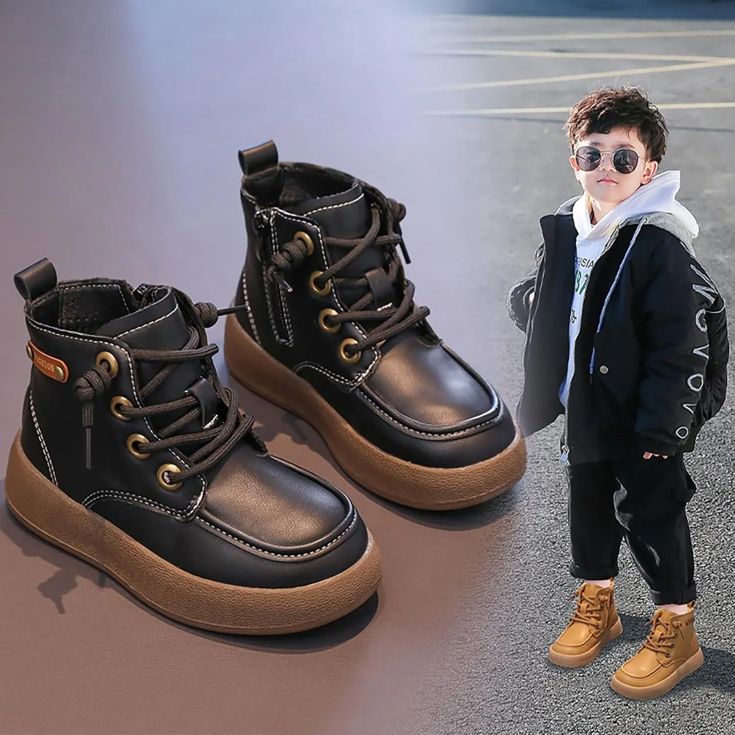 Kids School Ankle Boots for Little Child Classic Water-Proof Comfort Work Boot Unisex Lace-Up Outdoor Hiking Shoes