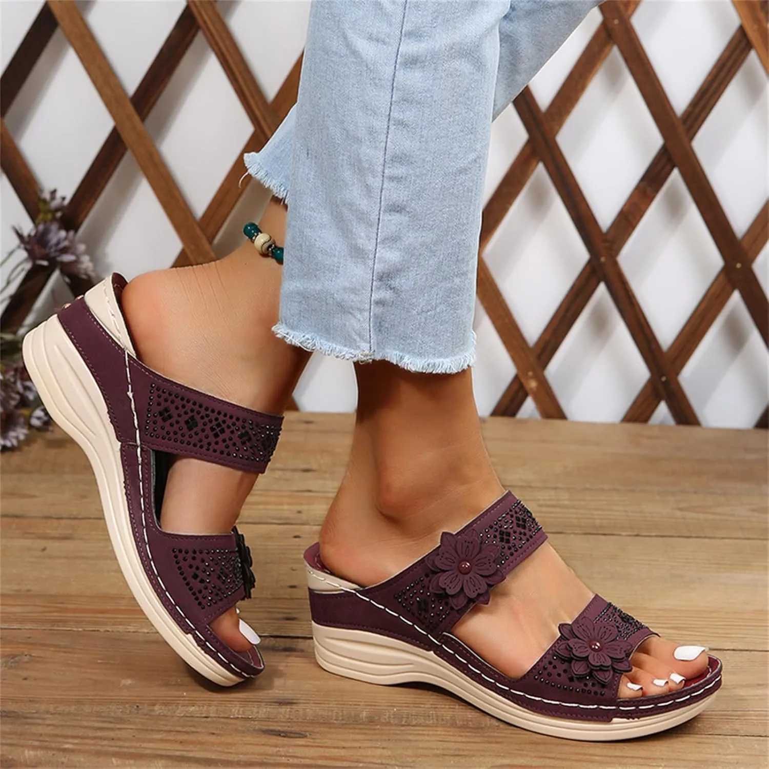 Lausiuoe Orthopedic Sandals For Women Arch Support Sandals Wedge Heel Slip On Summer Shoes Dressy Orthotic Slides Flip Flops